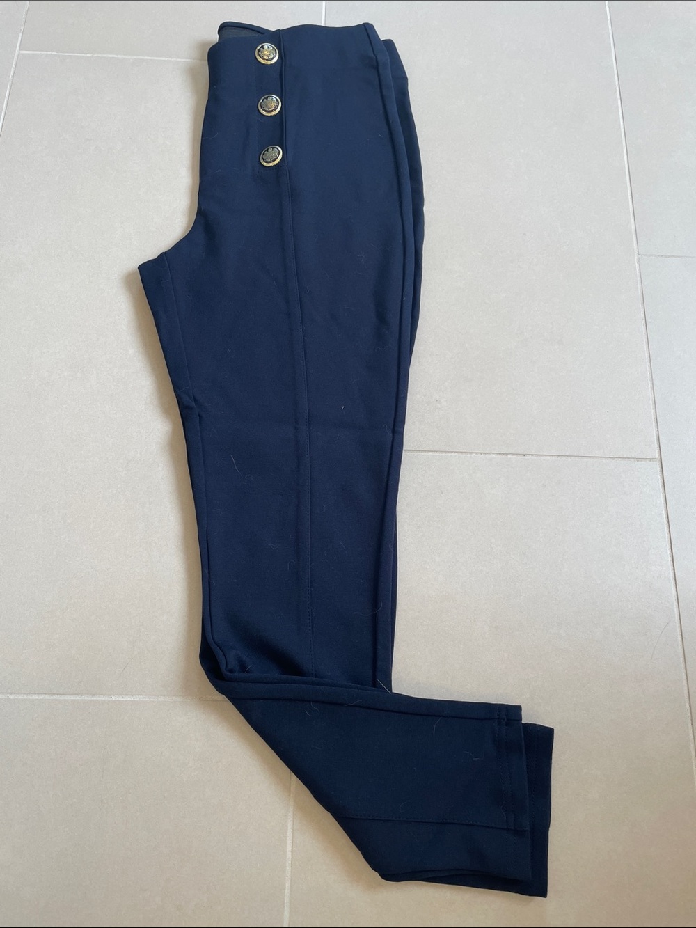 Truth High Rise Super Stretch Navy Sailor-Style Tapered Pants with Gold Buttons